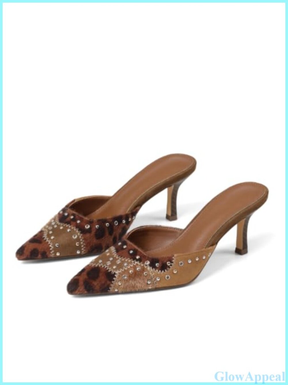 Kitten Heel Mules Pointed Toe Studded Slip-On Heels Faux Suede Pumps